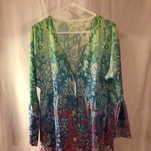 Stunning Print V-Neck Long Sleeve Mini Dress Multicolor / XL Womens